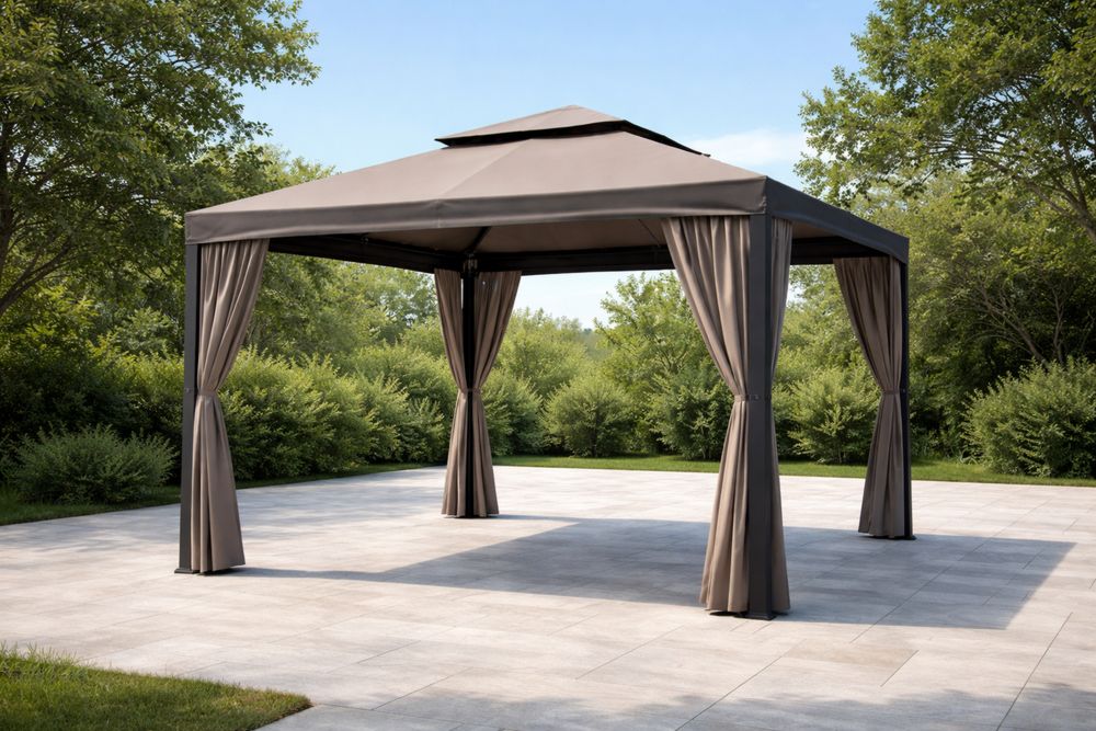 Outdoor Gazebo with Polyester Canopy Beige 3m x 3m×2.7m-Lumestio