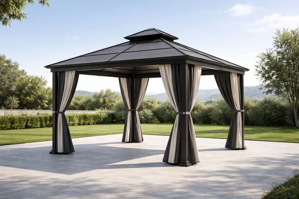 Outdoor Gazebo with Metal Frame and Polyester Curtains Black 12ft x 10ft x 9.5ft-Lumestio