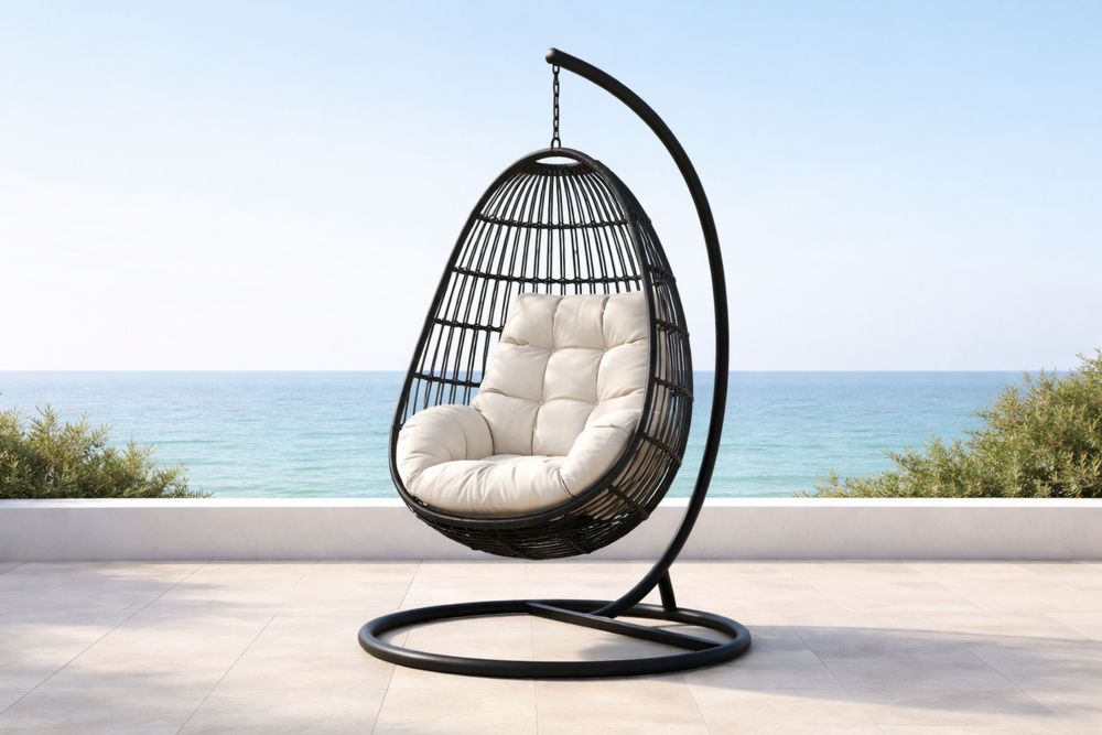 Outdoor Wicker Hanging Egg Chair with Cushions Black 135cm Tall x 105cm Wide x 95cm Deep-Lumestio