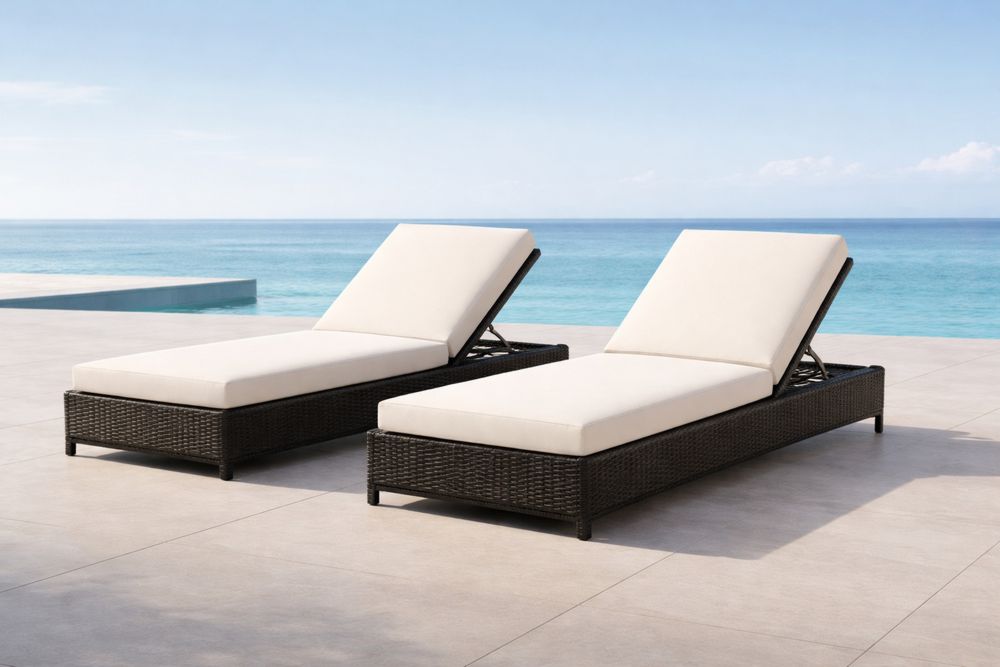 Outdoor Wicker Sun Lounger Set with Beige Cushions, Adjustable Rattan Reclining Chaise Lounge Chair, 2 Piece-Lumestio