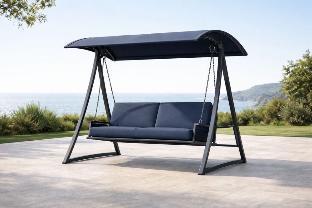Outdoor Steel Patio Swing Chair with Navy Blue Polyester Cushions-Lumestio