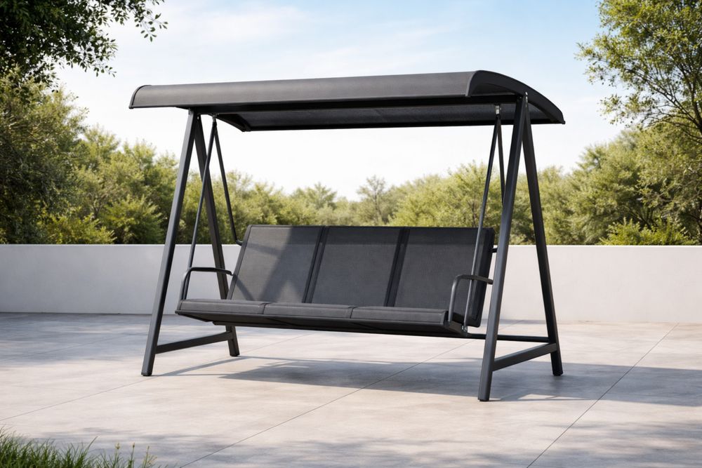 Outdoor Canopy Swing Chair Black Powder-Coated Steel Frame 3-Seater-Lumestio
