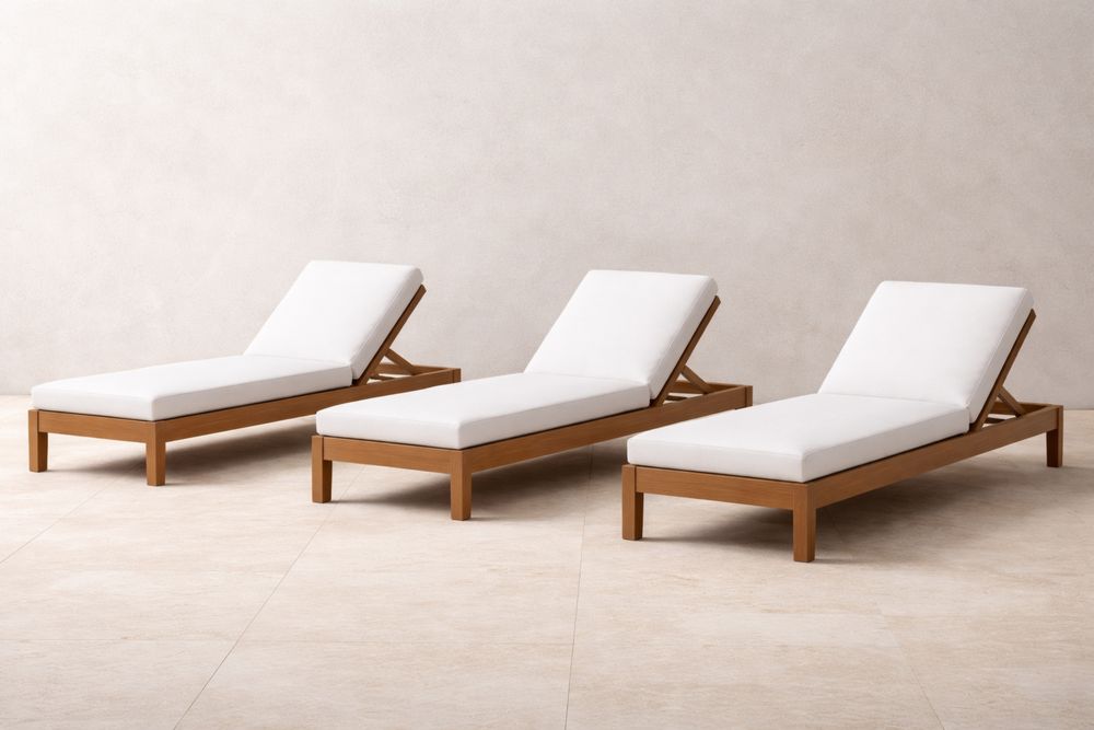Teak Wood Outdoor Reclining Chaise Lounge Set with White Polyester Cushions-Lumestio