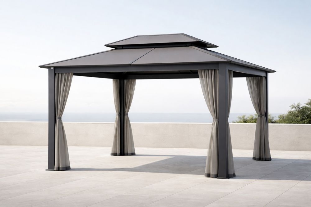 Gray Aluminum Frame Double Roof Gazebo with Polyester Curtains 400cm x 400cm x 300cm-Lumestio