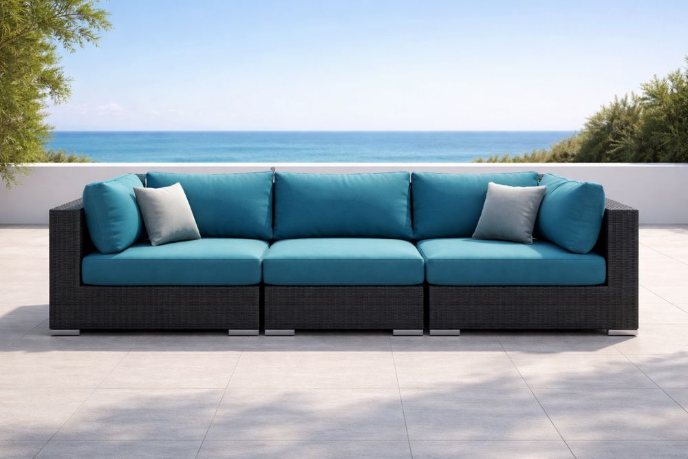 Outdoor Rattan Sectional Sofa with Blue Cushions-Lumestio