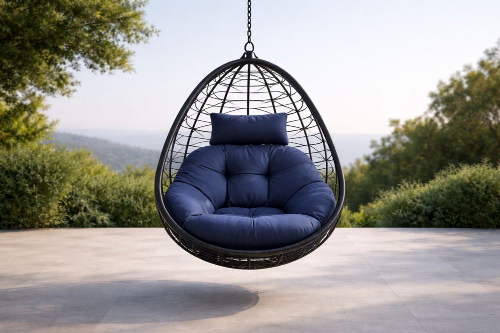 Outdoor Wicker Hanging Egg Chair with Blue Cushions-Lumestio