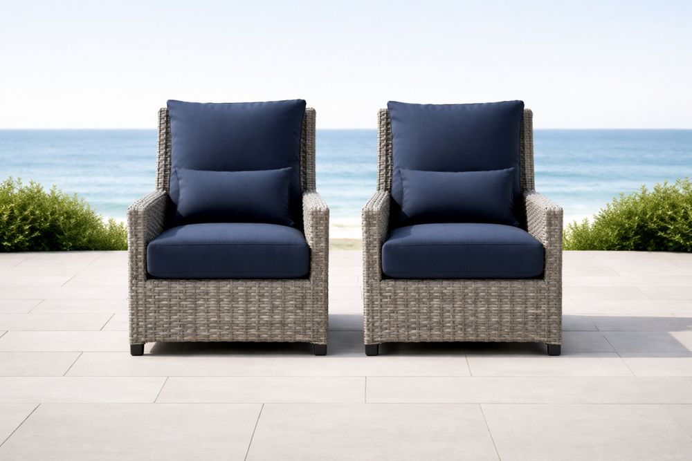 Outdoor Wicker Armchair Set with Navy Cushions-Lumestio