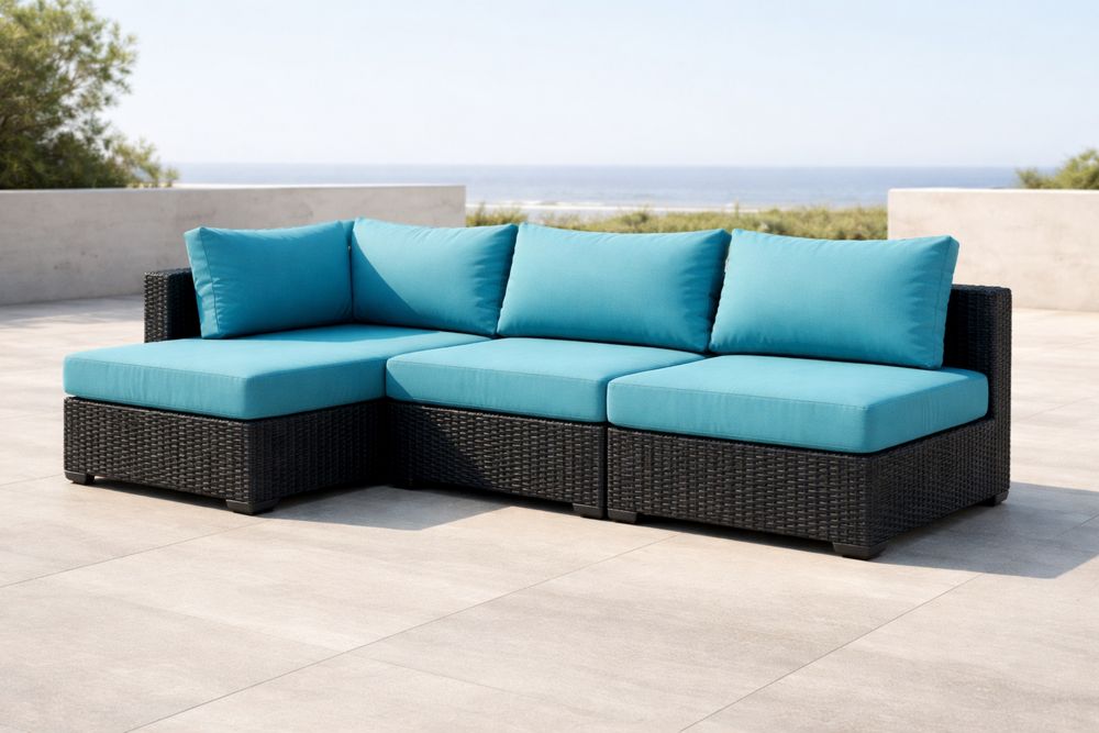 Outdoor Sectional Sofa Set Black Wicker Turquoise Cushions-Lumestio