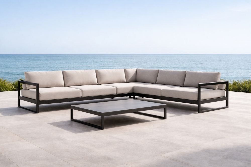 Outdoor Aluminum Frame Beige Cushioned L-Shaped Sectional Sofa Set with Coffee Table-Lumestio
