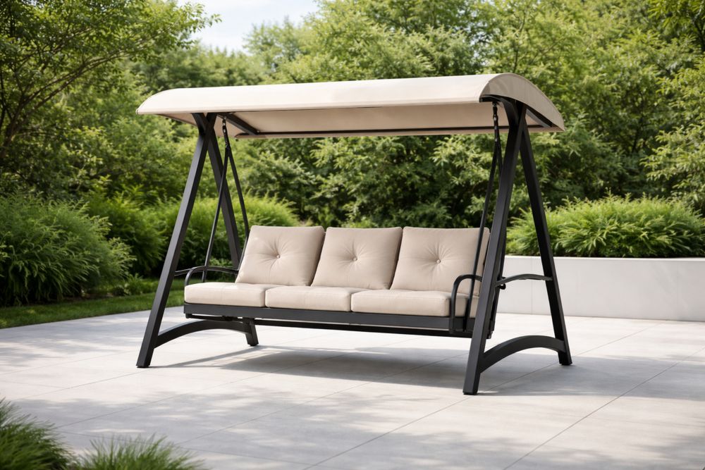 Outdoor Swing with Canopy Beige Cushions Steel Frame 3-Seater-Lumestio