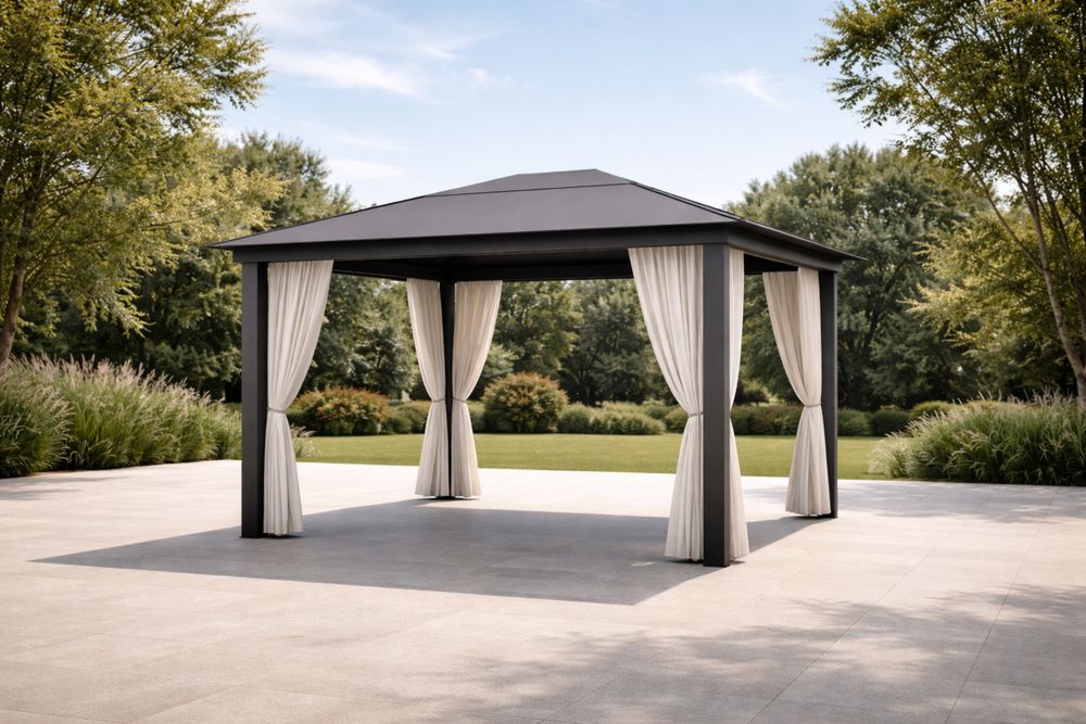 Outdoor Gazebo Steel Frame with Beige Polyester Curtains 300cm x 300cm×260 cm-Lumestio