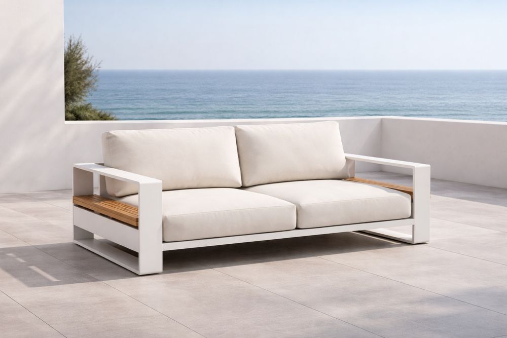 Aluminum Outdoor Sofa with Teak Accents and Beige Cushions-Lumestio