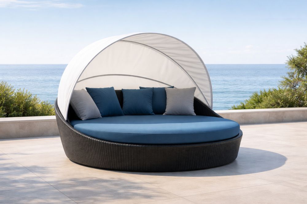 Round Outdoor Daybed with Adjustable Canopy in Black and Blue-Lumestio