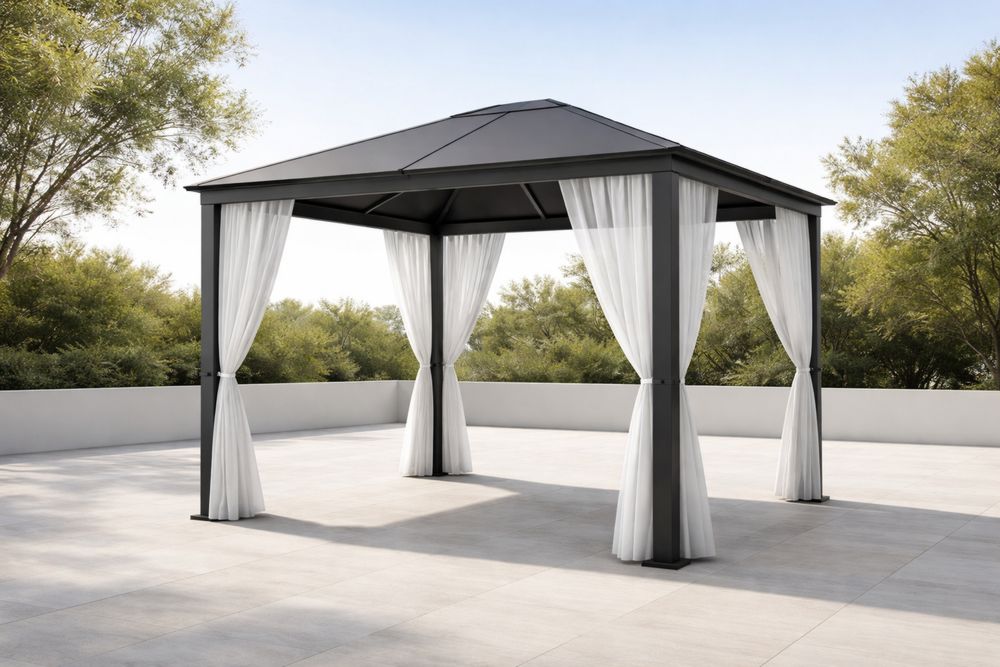 Aluminum Frame Gazebo with Polycarbonate Canopy and Polyester Curtains 300x300x250cm-Lumestio