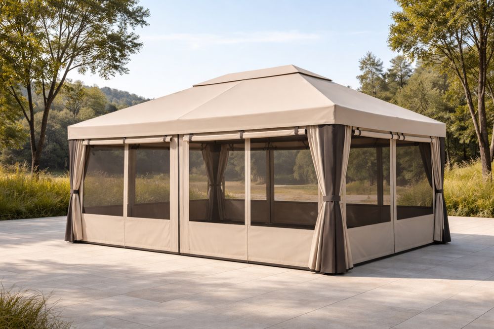 Outdoor Beige Aluminum Gazebo Tent with Mosquito Netting 3x4×2.7m-Lumestio