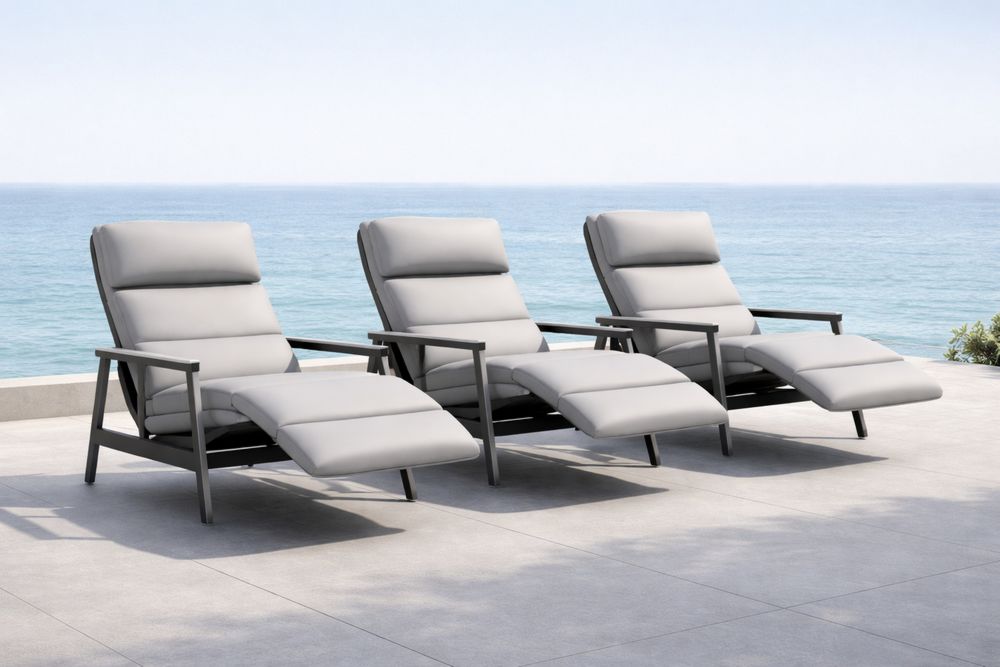 Outdoor Reclining Lounger Set of 3 with Cushions and Metal Frame in Gray-Lumestio