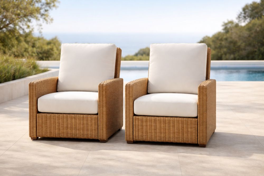 Outdoor Synthetic Wicker Armchair Set with White Cushions-Lumestio