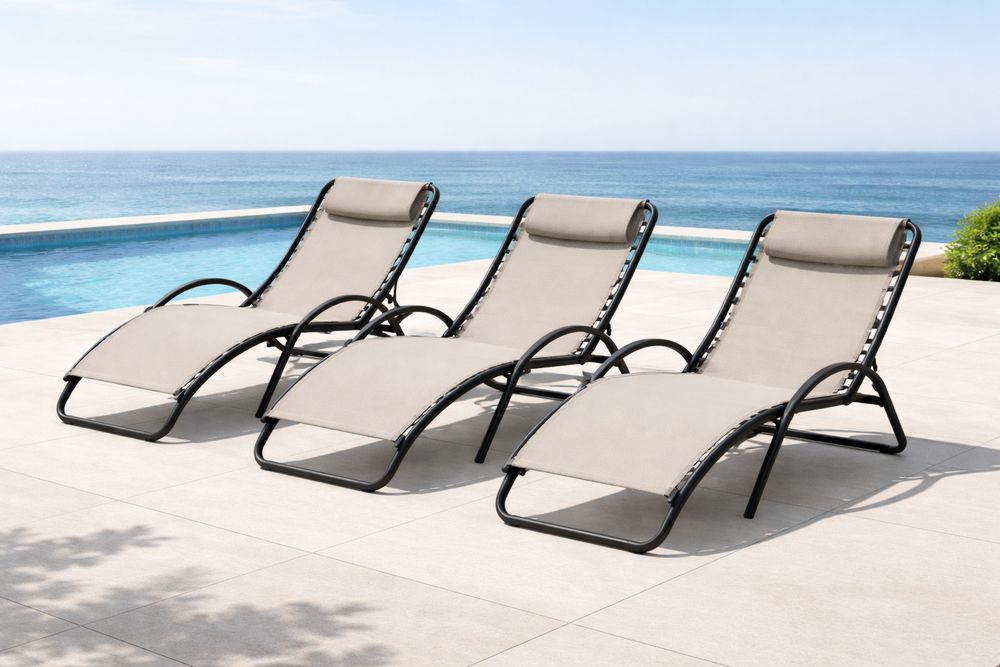 Outdoor Adjustable Chaise Lounge Set, Steel Frame, Beige Polyester Fabric-Lumestio