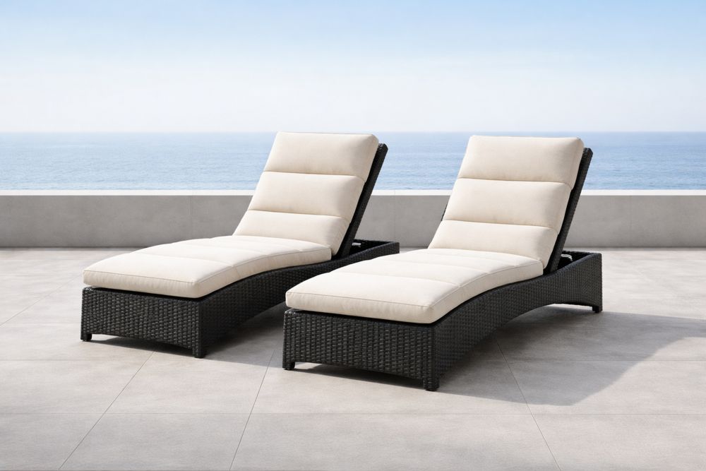 Outdoor Wicker Chaise Lounge Set Beige Cushions Adjustable Rattan Frame 2-Pack-Lumestio