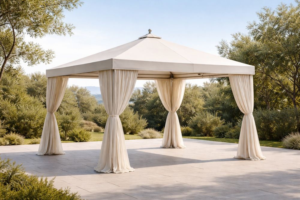Beige Outdoor Gazebo with Steel Frame and Polyester Curtains 4x4×3m-Lumestio
