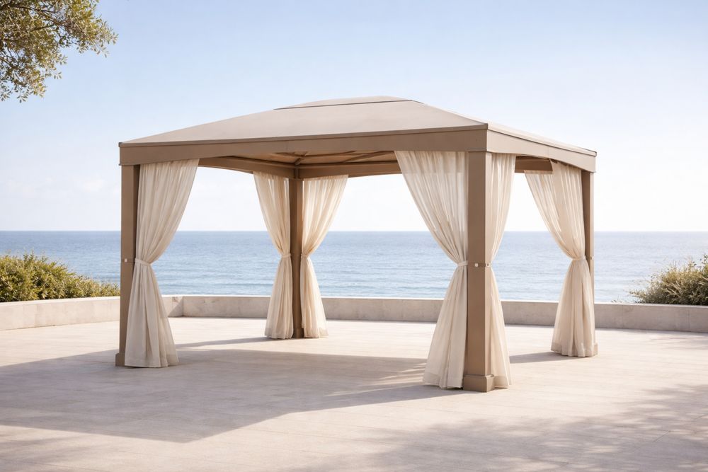 Outdoor Patio Gazebo with Beige Fabric Drapes and Steel Frame-Lumestio