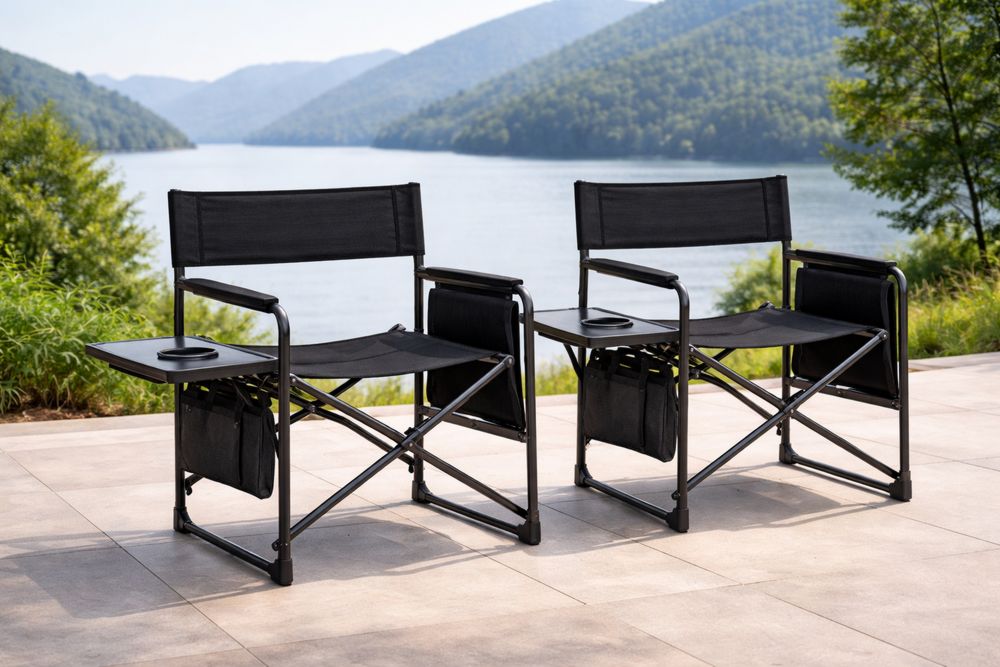 Outdoor Folding Metal and Fabric Camping Chairs with Side Table - Black Set-Lumestio