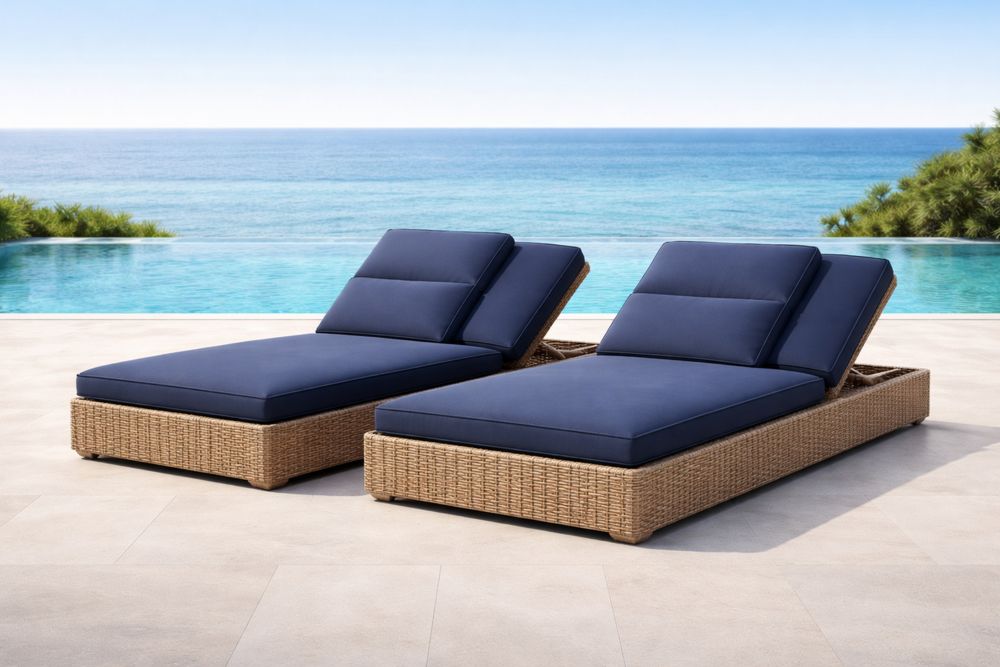 Rattan Adjustable Chaise Lounge Set with Navy Cushions-Lumestio