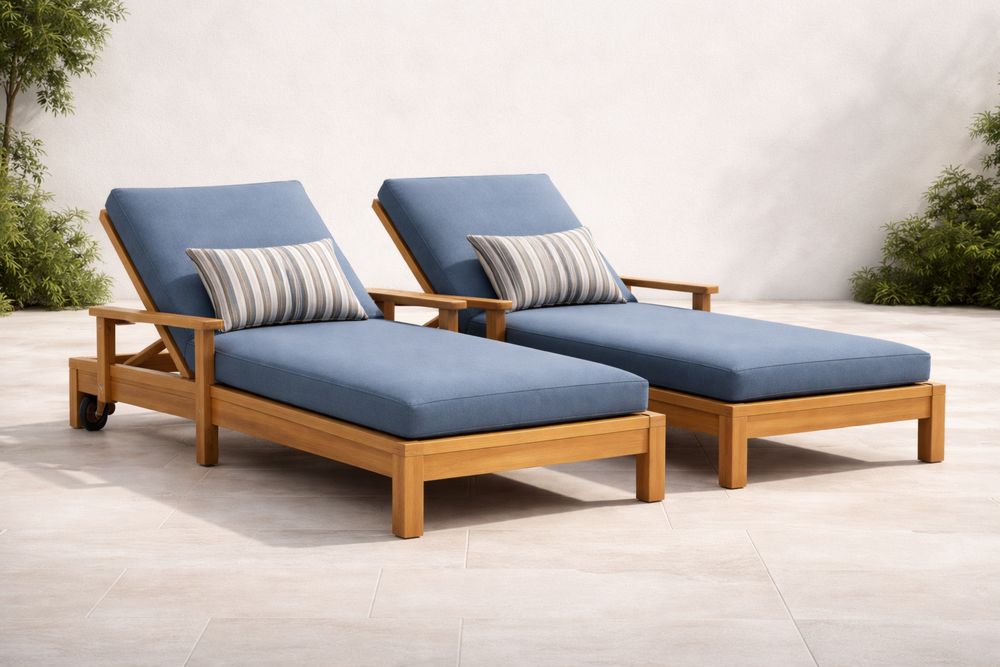 Teak Wood Outdoor Chaise Lounge Set with Blue Cushions-Lumestio