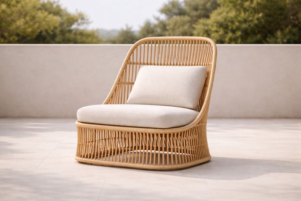 Rattan Lounge Chair with Beige Cushions and Wicker Frame-Lumestio