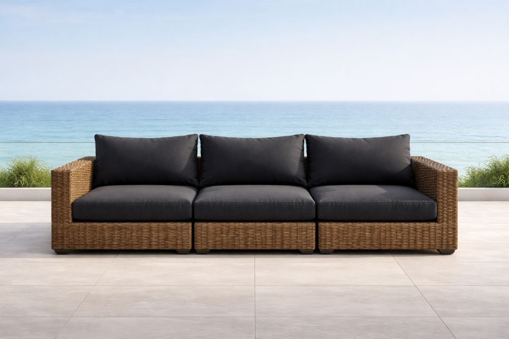 Outdoor Rattan Wicker Sectional Sofa with Black Cushions-Lumestio