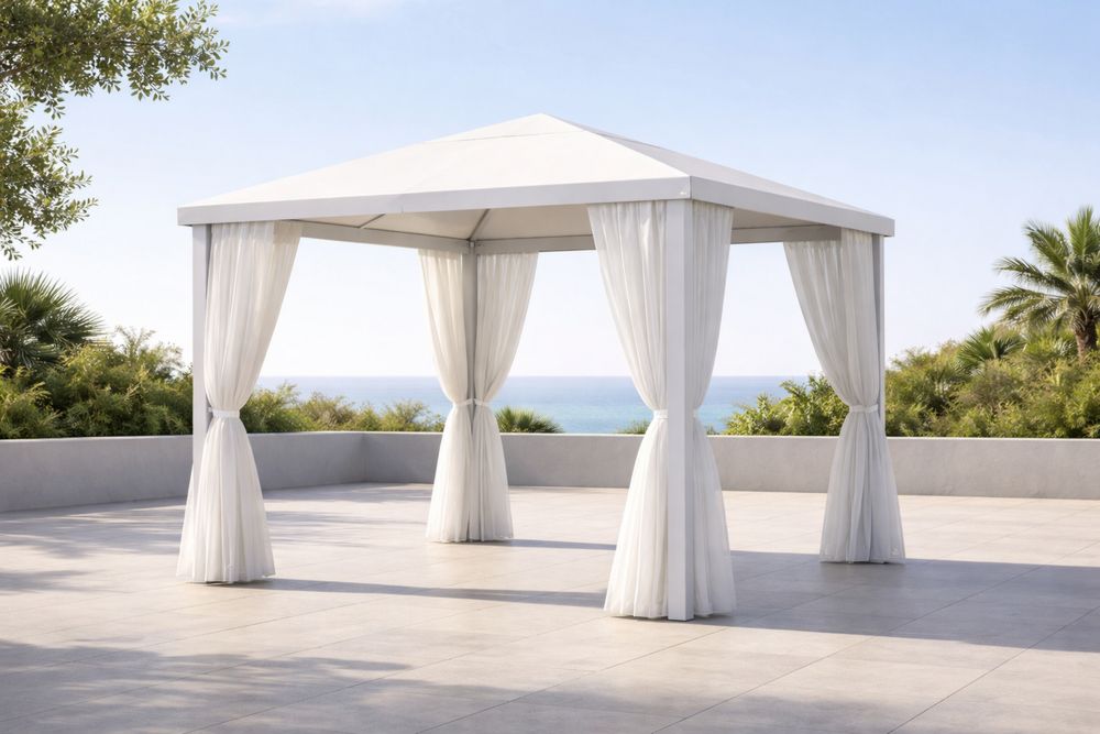 White Outdoor Gazebo with Aluminum Frame and Curtains 300 x 300 x 250 cm-Lumestio