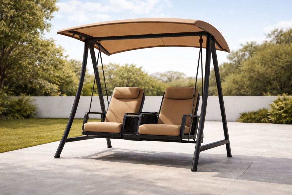 Outdoor Steel Two-Seater Swing with Brown Polyester Cushions and Adjustable Canopy-Lumestio