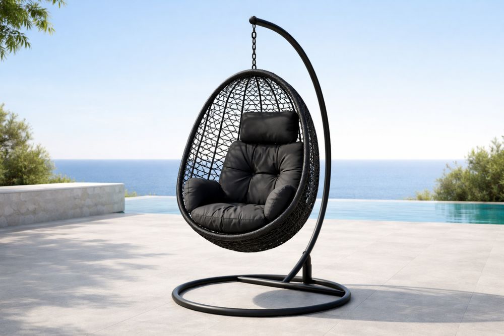 Black Outdoor Egg Hanging Chair with Cushion and Metal Stand-Lumestio