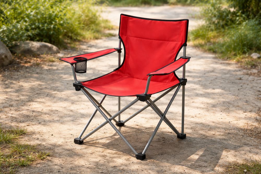 Red Polyester Folding Camping Chair with Steel Frame and Cup Holder-Lumestio