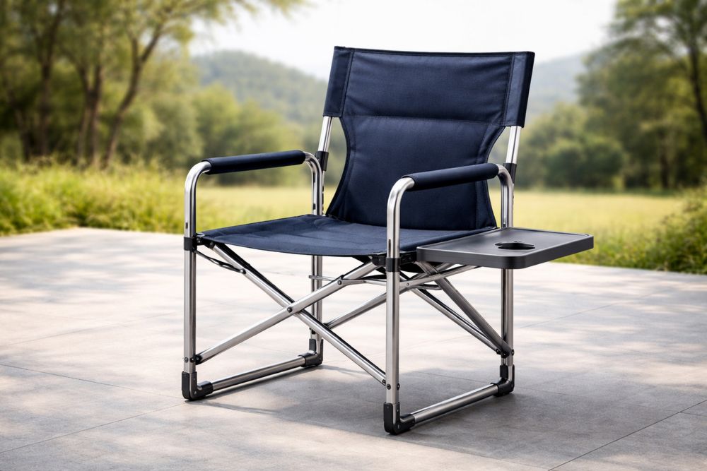 Folding Camping Chair with Side Table and Cup Holder Blue Steel Frame 60cm x 50cm x 80cm-Lumestio