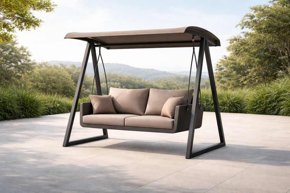 Outdoor Beige Swing Chair with Steel Frame and Canopy-Lumestio
