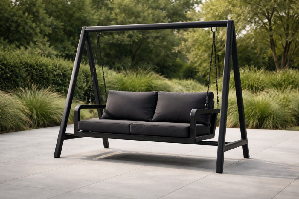 Black Metal Outdoor Swing Chair with Cushions 200cm x 120cm x 180cm-Lumestio