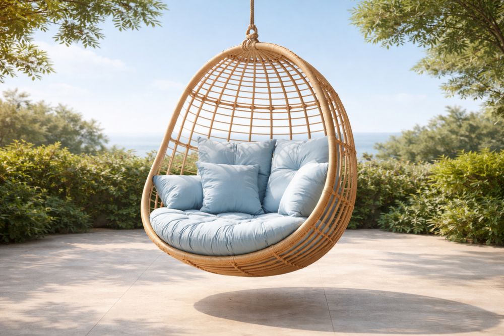 Rattan Hanging Egg Chair with Light Blue Cushions-Lumestio