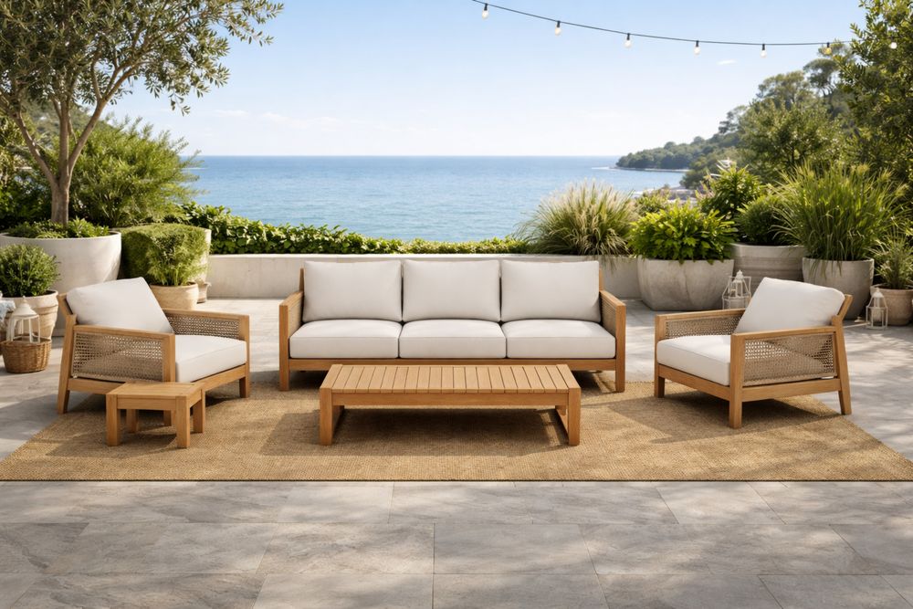 Teak Wood Outdoor Furniture Set with Cushions and Table-Calmorano