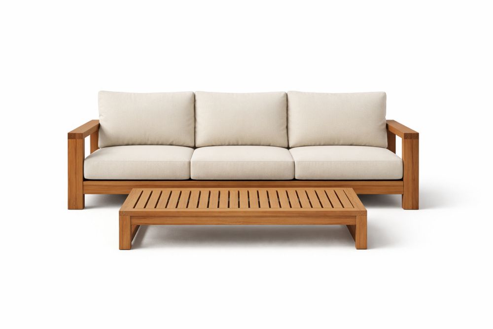 Teak Wood Sofa and Coffee Table Set with Beige Cushions-Calmorano