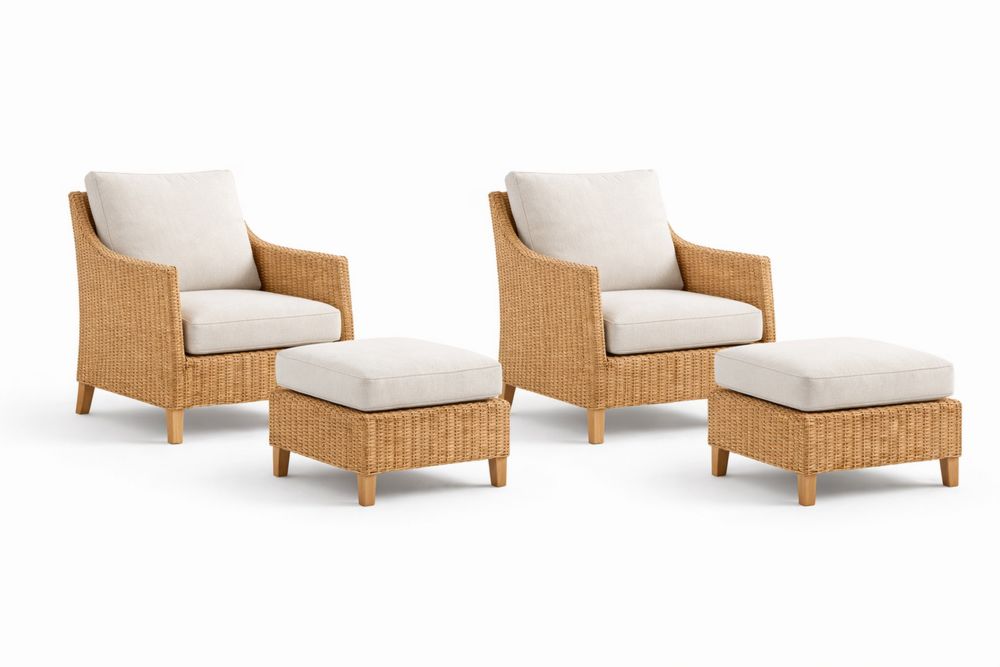 Wicker Armchair and Ottoman Set with Cushions Beige-Calmorano