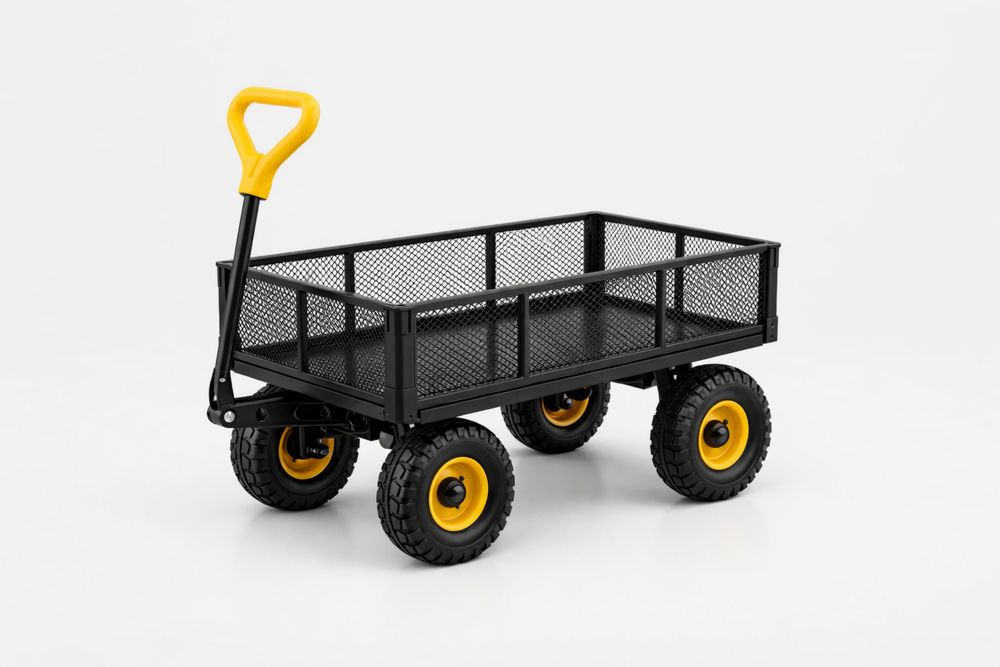 Steel Mesh Garden Cart with Pneumatic Tires and Handle Black/Yellow 45x24x21 inches-Calmorano