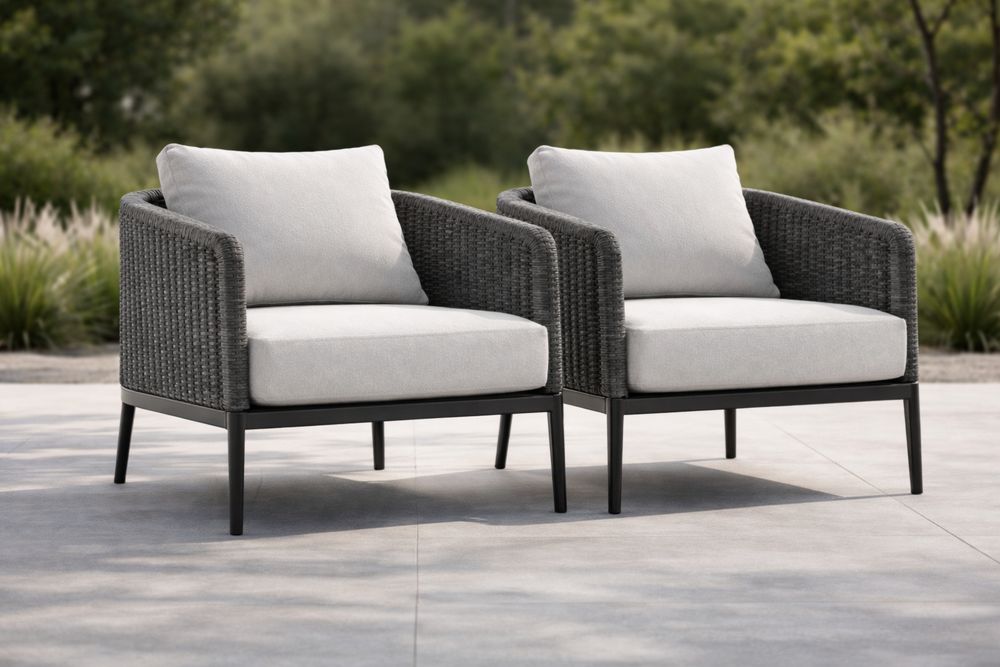 Outdoor Wicker Armchair Set with Aluminum Frame and Grey Cushions-Calmorano