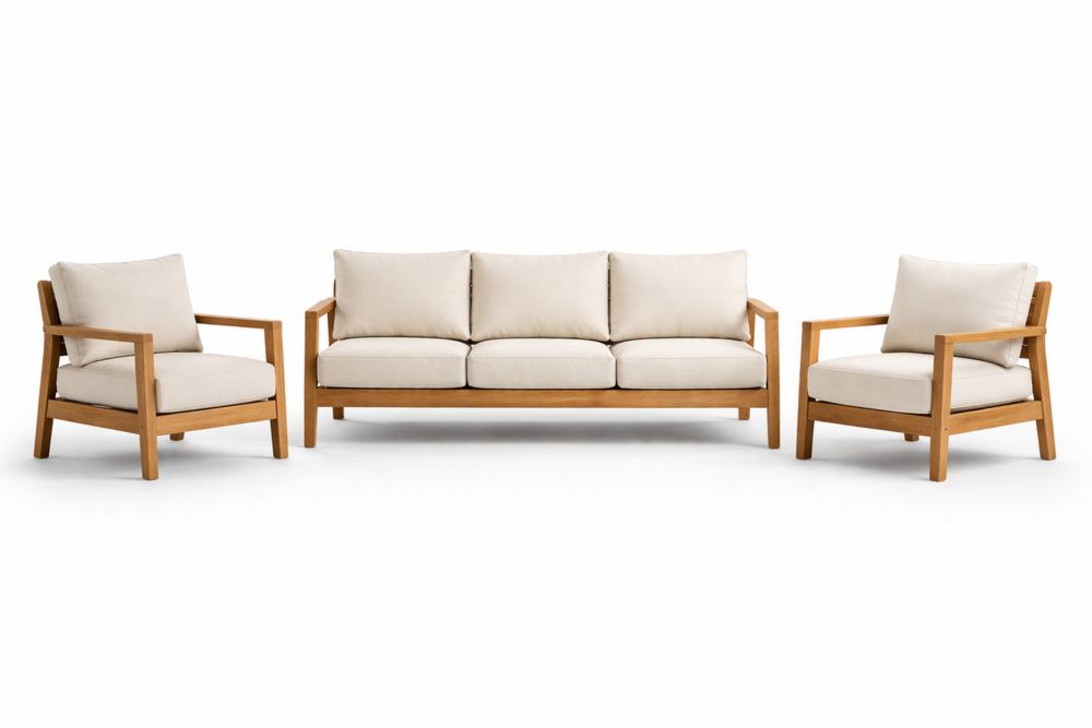 Teak Wood Sofa Set with Beige Cushions-Calmorano