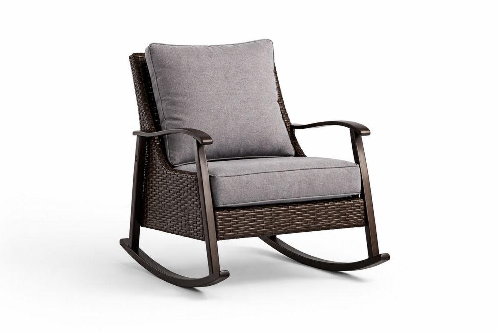 Synthetic Wicker Outdoor Rocking Chair with Grey Cushions-Calmorano