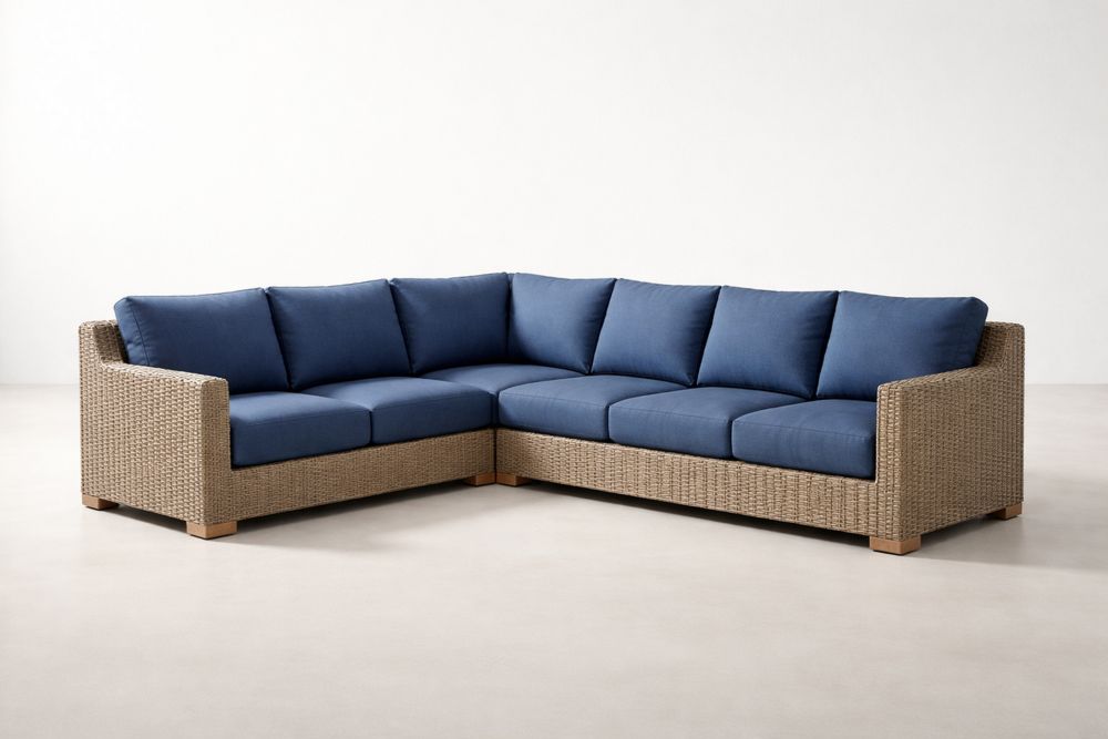 Wicker L-Shaped Sectional Sofa with Blue Cushions-Calmorano