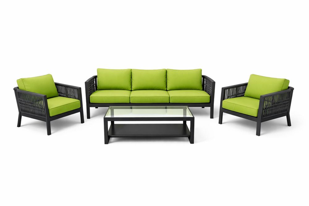 Outdoor Patio Furniture Set with Glass Coffee Table and Green Cushions-Calmorano