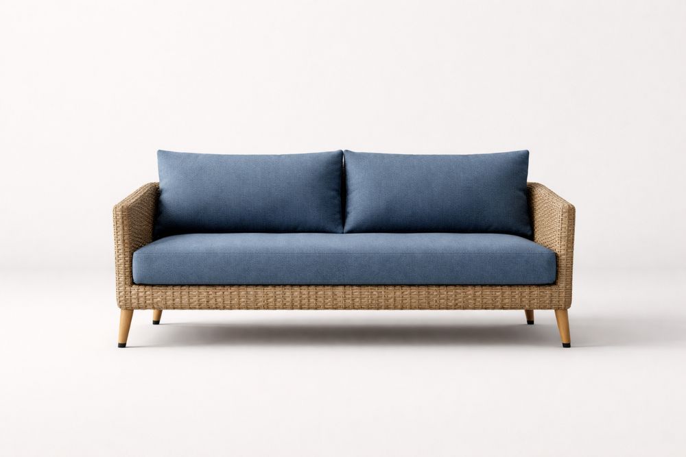 Wicker Sofa with Blue Polyester Cushions-Calmorano