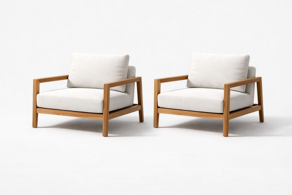 Teak Wood Outdoor Armchair Set with Cream Cushions-Calmorano