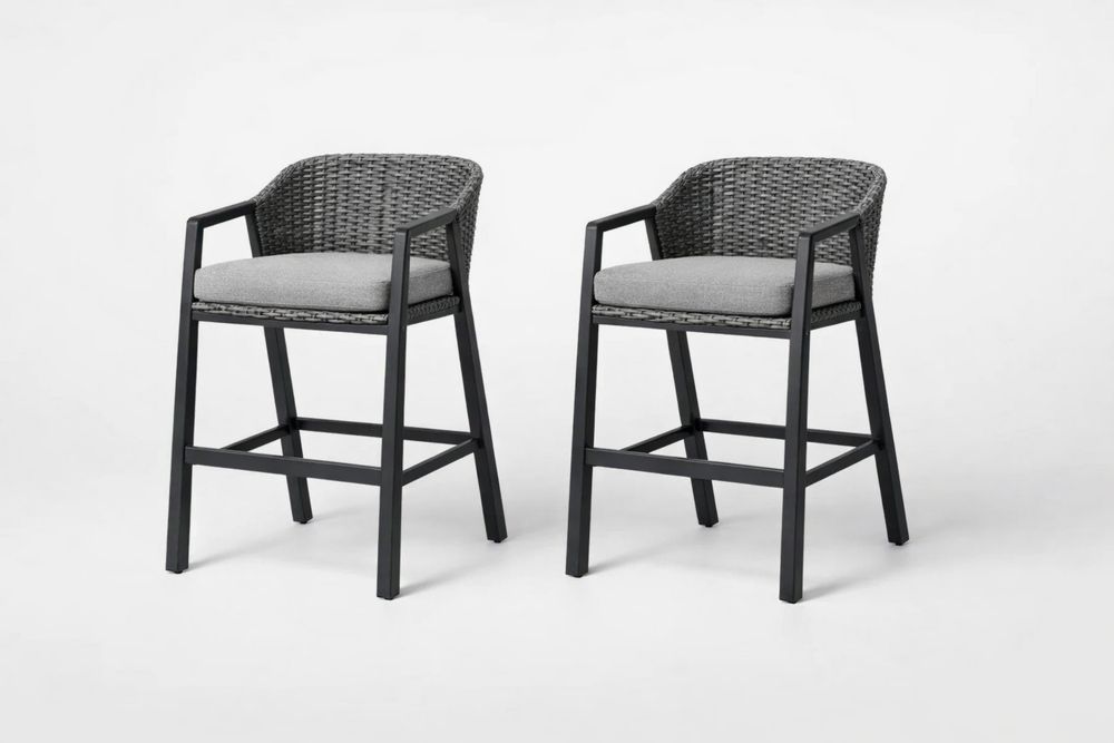 Outdoor Bar Chairs Set of 2 with Aluminum Frame and Wicker Backrest, Grey Cushioned Seat-Calmorano